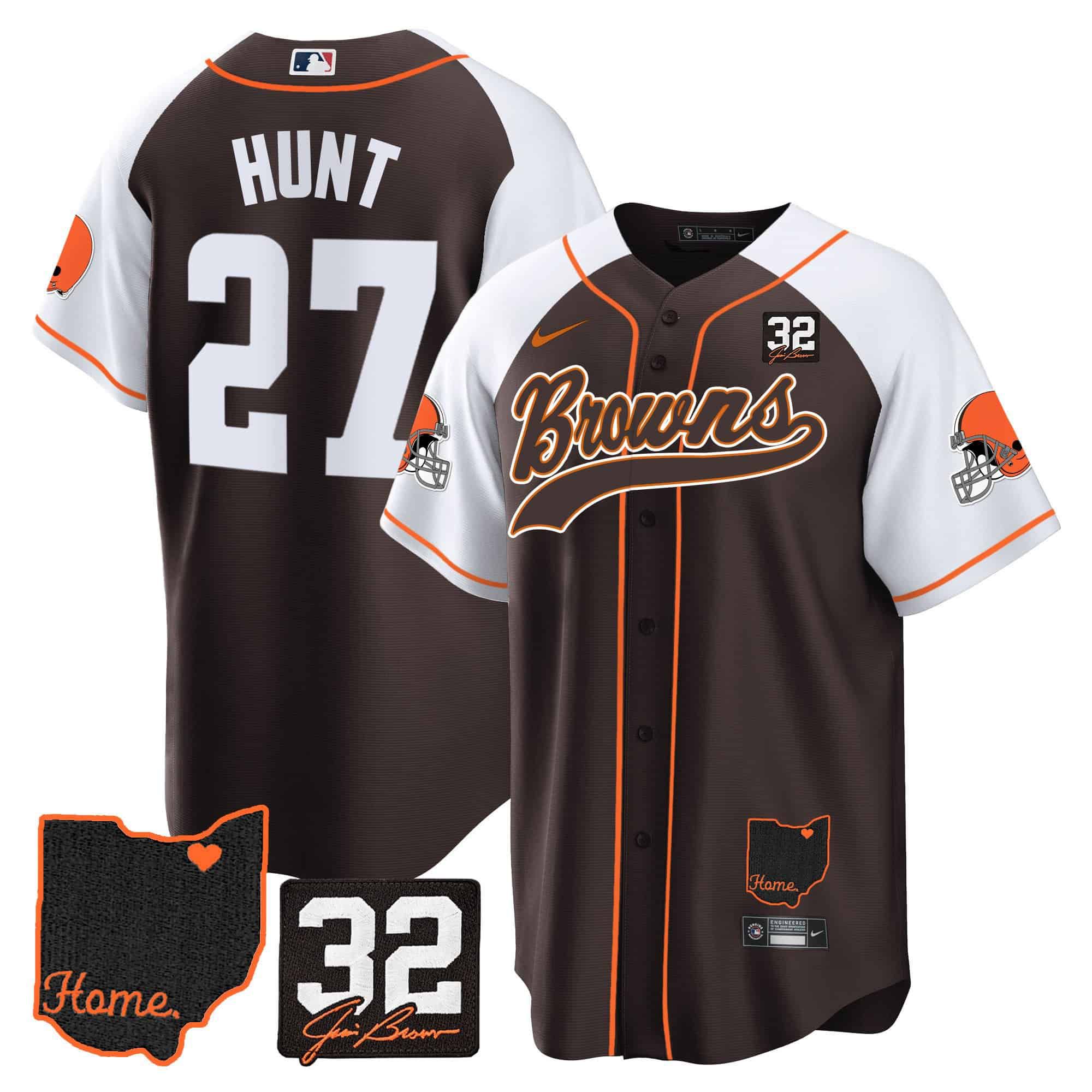 Men Cleveland Browns 27 Hunt Brown Memorial Home Patch Baseball 2024 Nike NFL Jersey